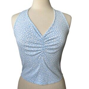 Heart & Hips Blue Floral Halter Crop Top Juniors Large Ruched Ribbed Tank Y2K